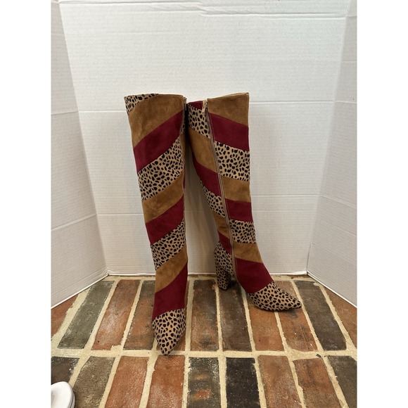 BAMBOO Shoes - Bamboo Leopard Print Tall Boots Brown Burgundy High Heel Pointy Toe Women's 9